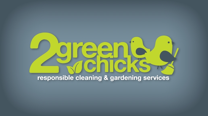 A logo design for 2 Green Chicks featuring two green chicks on the right. One has a broom. There is a large number 2 on the left with green chicks stacked in the middle. There are two small leaves next to chicks. Responsible cleaning and gardening service